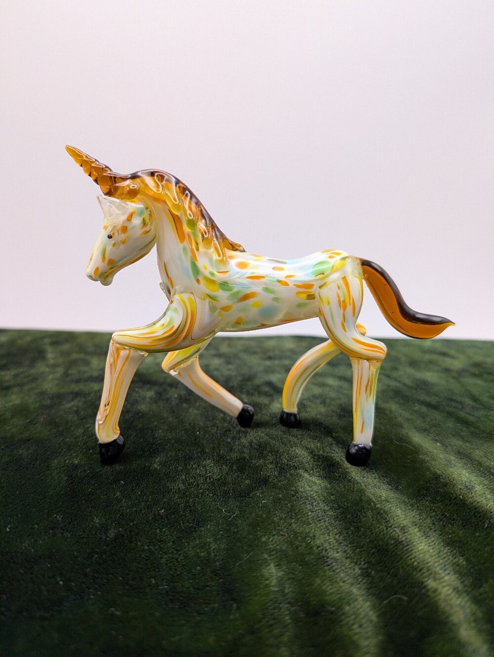Handmade Blown Glass Unicorn Figurine in Yellow and Green OOAK